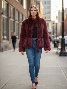 Wilsons Leather Deep Red Genuine Real Fur Teddy Coat Jacket Small New with Flaws